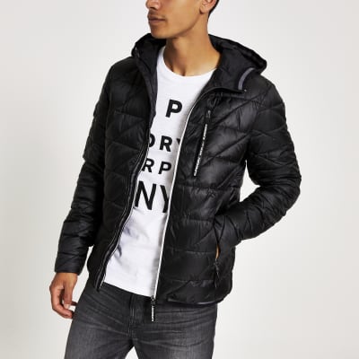 Superdry black quilted jacket River Island