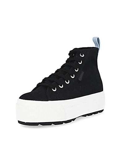 360 degree animation of product Superga black high top trainers frame-0