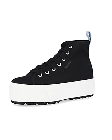 360 degree animation of product Superga black high top trainers frame-1