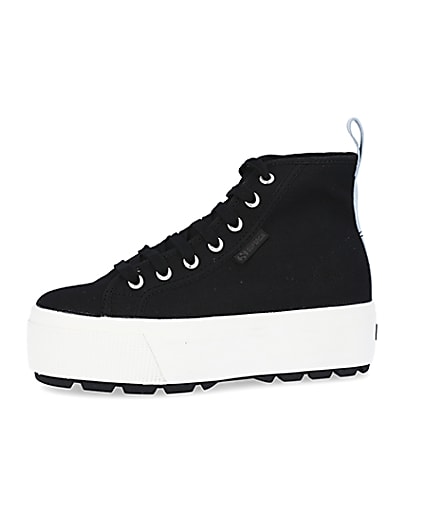 360 degree animation of product Superga black high top trainers frame-2