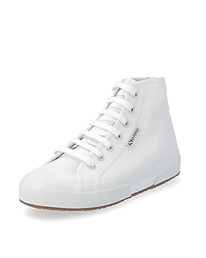 360 degree animation of product Superga white high top lace-up trainers frame-0