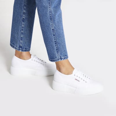 white canvas lace up flatform trainers