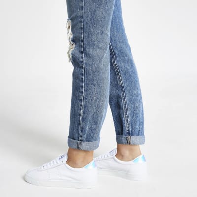 white leather lace up trainers