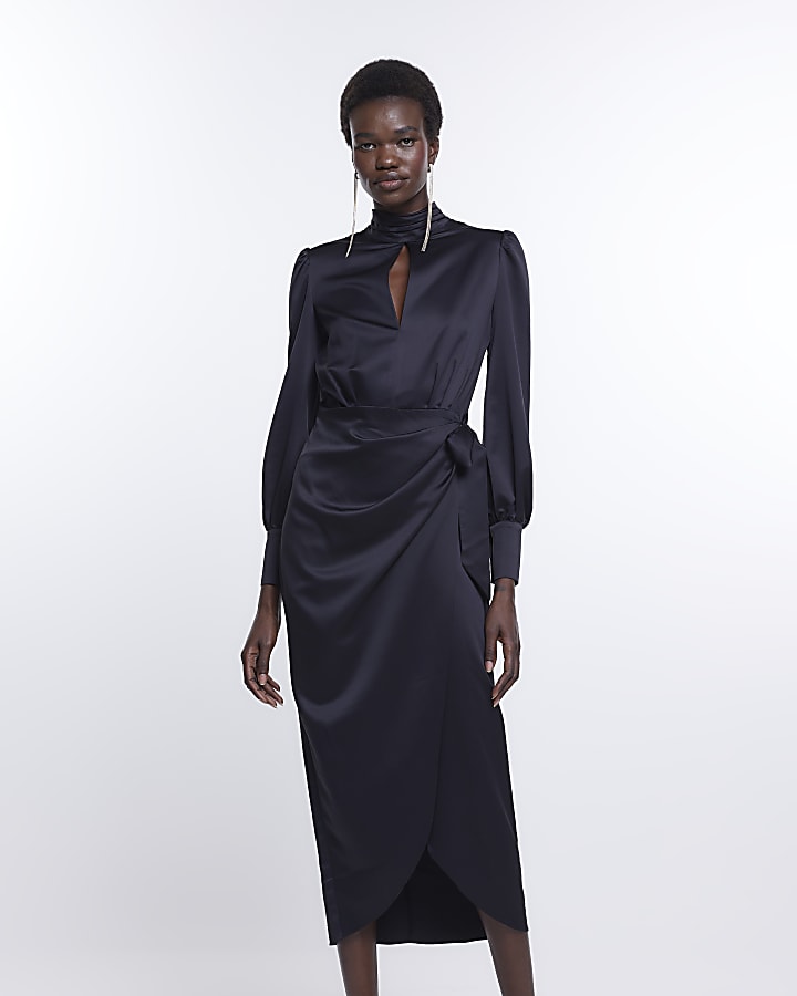 Tall black cut out wrap midi dress