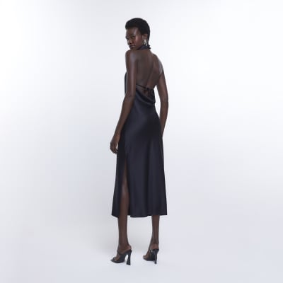 Tall black halter neck slip midi dress