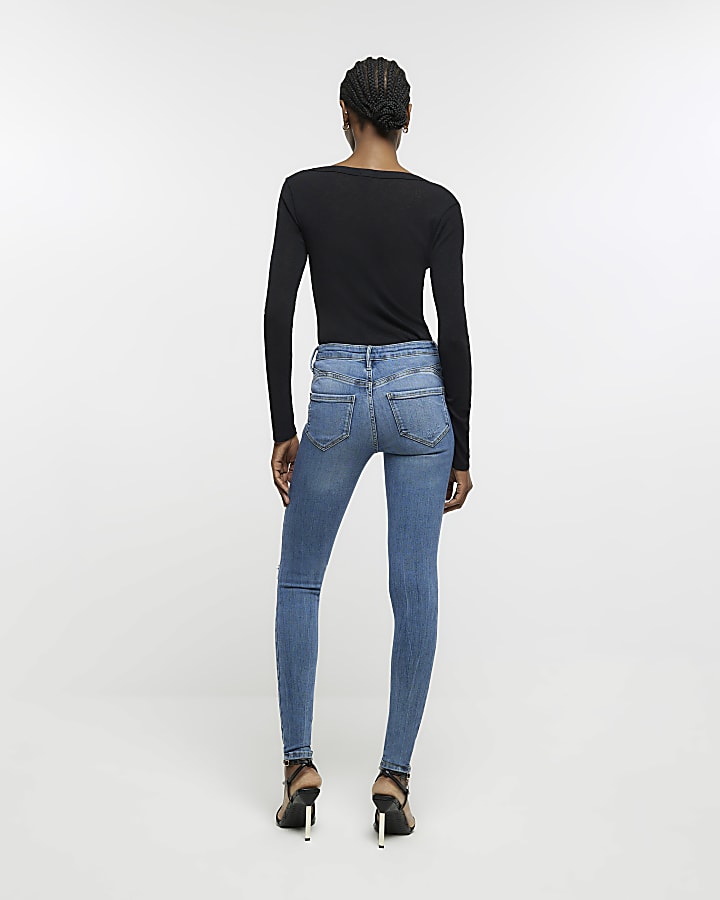 Tall blue mid rise ripped skinny jeans