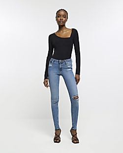Tall blue mid rise ripped skinny jeans