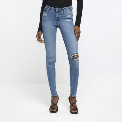 Tall blue mid rise ripped skinny jeans
