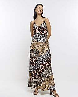 Tall brown animal print slip maxi dress
