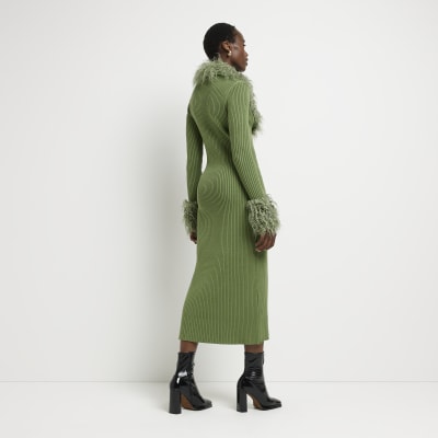 Tall green faux fur bodycon midi dress | River Island