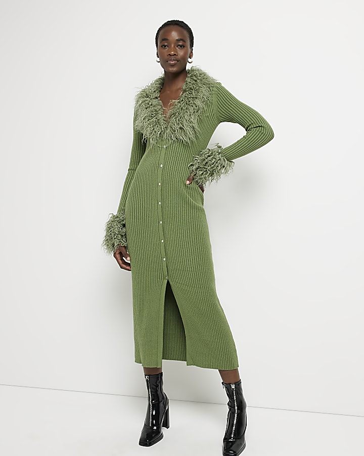Tall green faux fur bodycon midi dress
