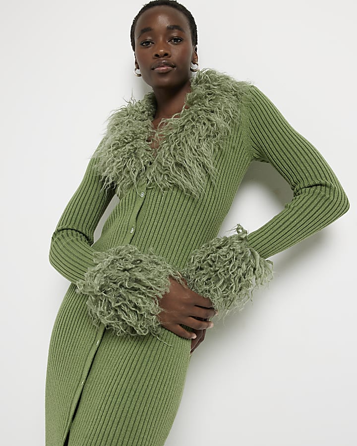 Tall green faux fur bodycon midi dress