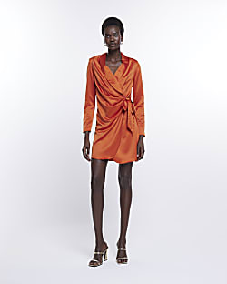 Tall orange satin wrap mini dress