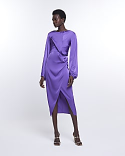 Tall purple satin wrap midi dress