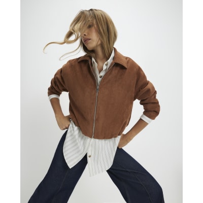 River Island Tan Faux Suede Bubble Hem Bomber Jacket