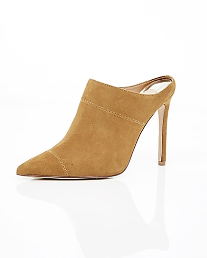 360 degree animation of product Tan pointed toe stiletto suede mules frame-0