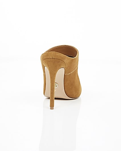 360 degree animation of product Tan pointed toe stiletto suede mules frame-15