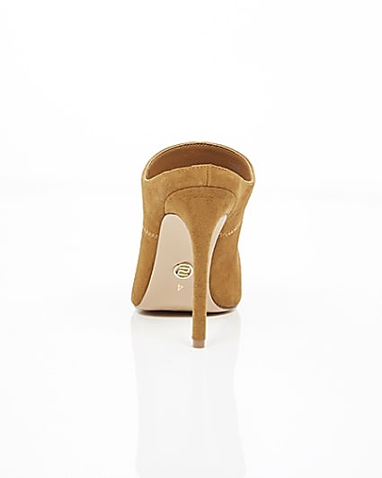 360 degree animation of product Tan pointed toe stiletto suede mules frame-16