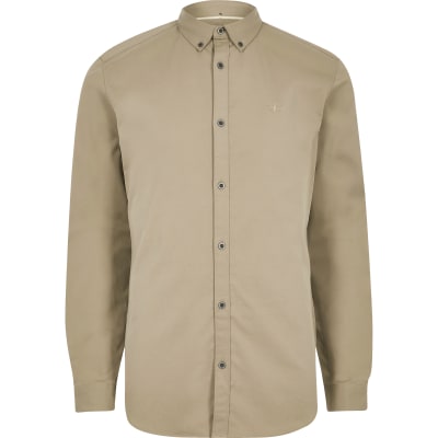 Tan wasp embroidery stretch long sleeve shirt