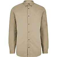 Tan wasp embroidery stretch long sleeve shirt
