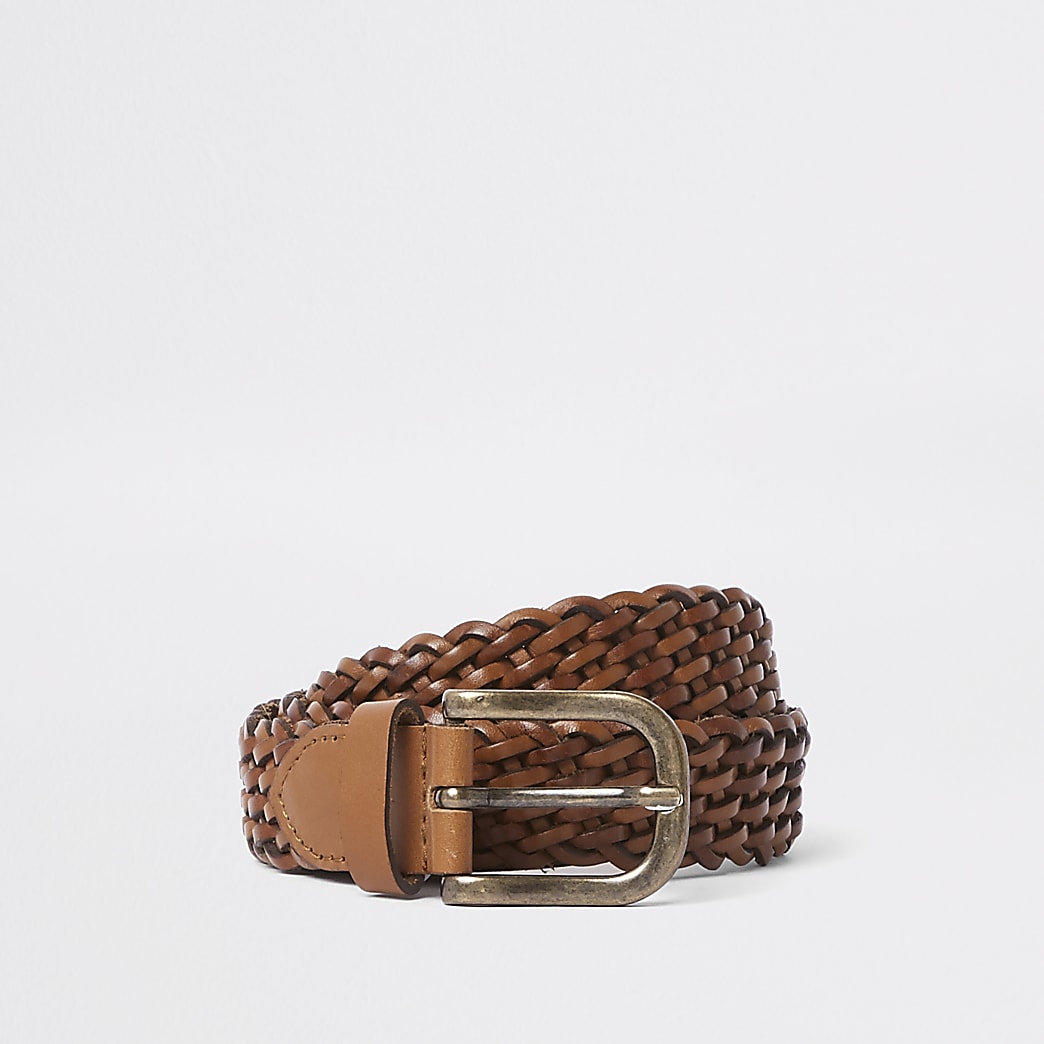 Tan woven leather gold tone buckle belt | River Island