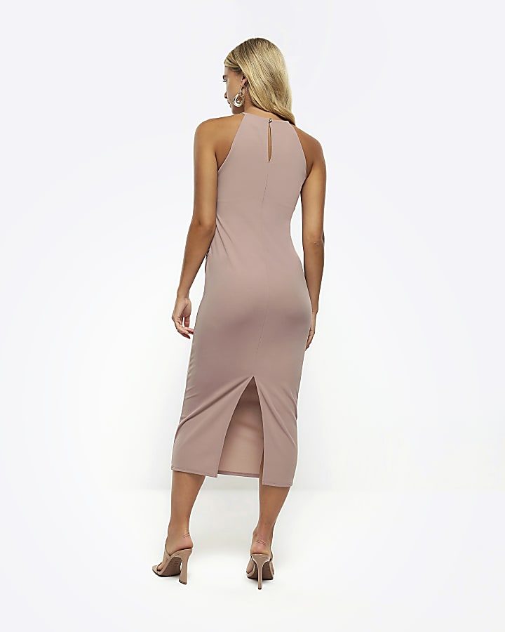 Taupe ruched bodycon midi dress | River Island