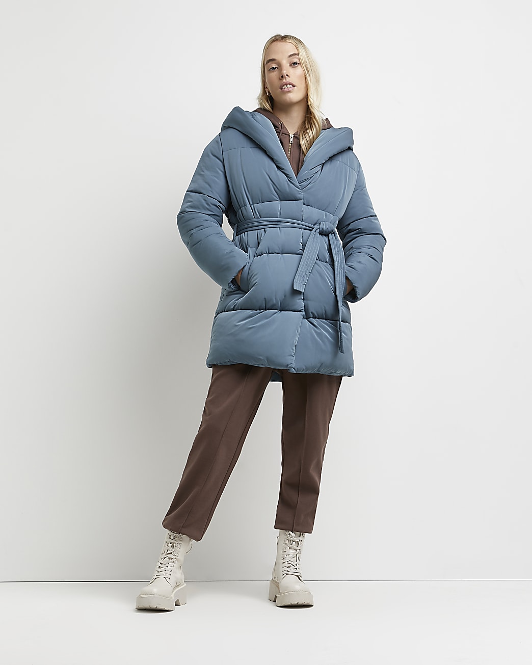 Teal quilted belted puffer coat