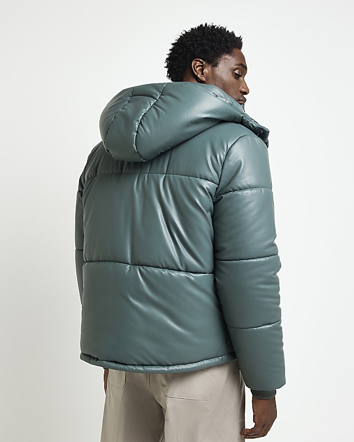 Teal Regular fit faux leather Puffer jacket