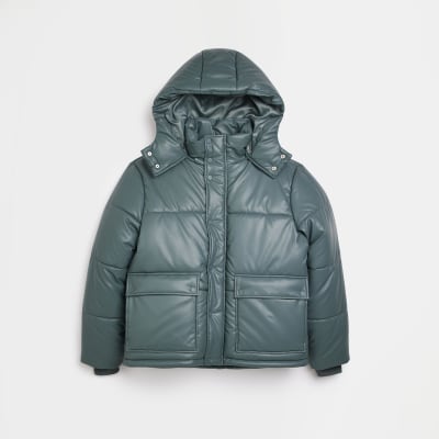 Teal Regular fit faux leather Puffer jacket | River Island