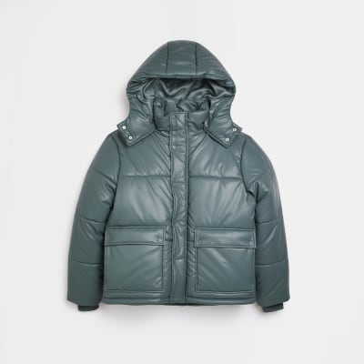 Teal Regular fit faux leather Puffer jacket River Island