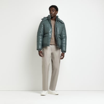 Teal Regular fit faux leather Puffer jacket River Island