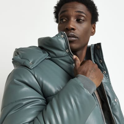 Teal Regular fit faux leather Puffer jacket River Island