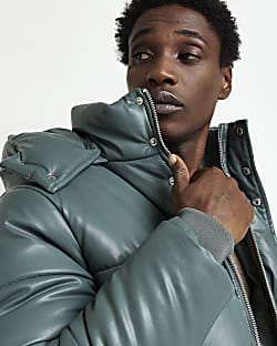 Mens regular fit faux leather puffer jacket River Island Men Clothing Jackets Leather Jackets 