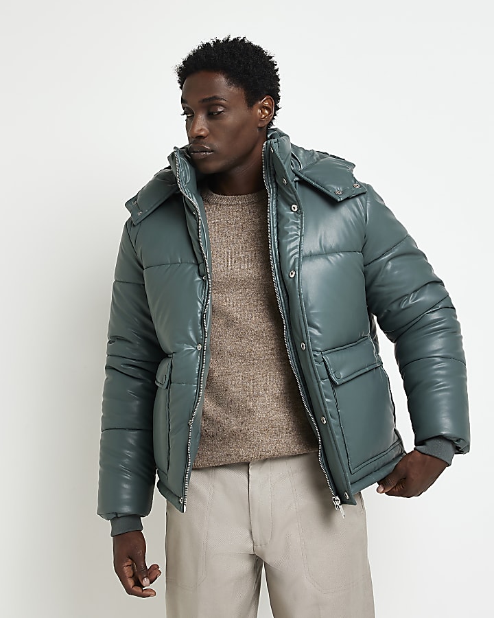 Teal Regular fit faux leather Puffer jacket