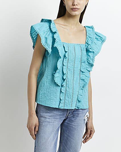 Turquoise embroidered lace blouse