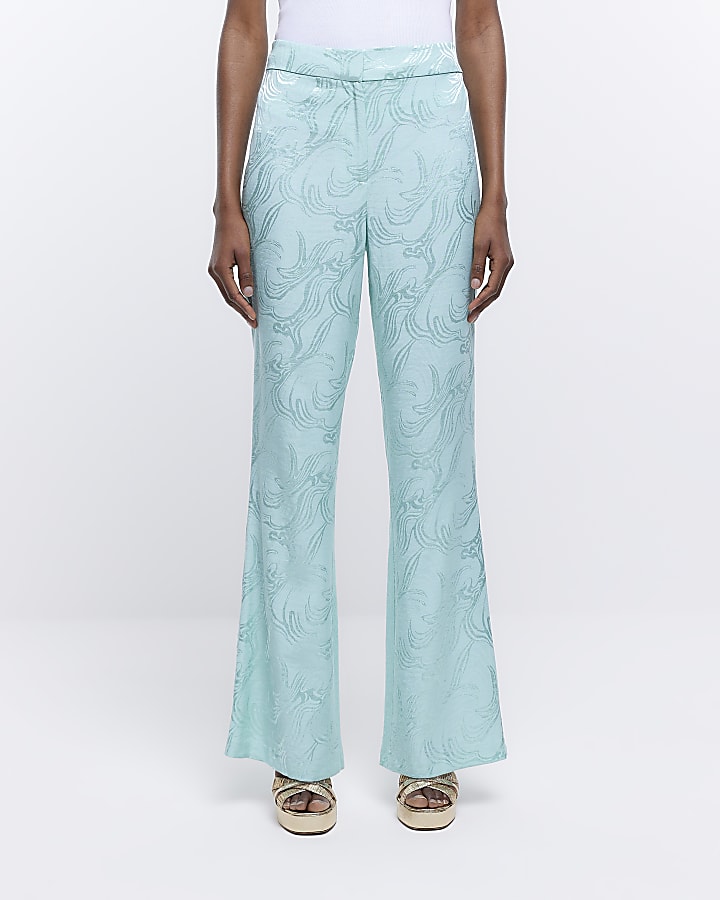 Turquoise Jacquard Flare Trousers