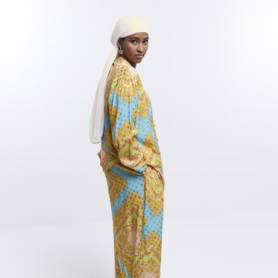 Turquoise Print Wide Leg Trousers
