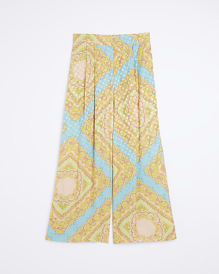 Turquoise Print Wide Leg Trousers