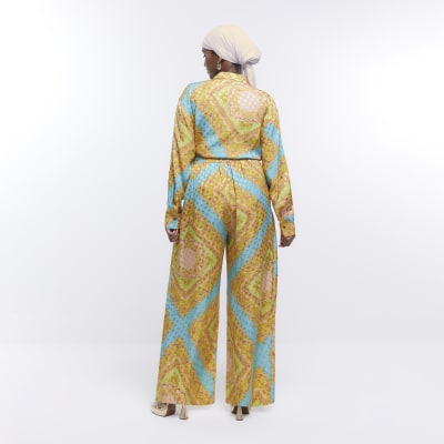 Turquoise Print Wide Leg Trousers