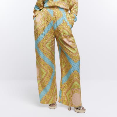 Turquoise Print Wide Leg Trousers | River Island