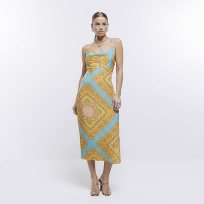 Turquoise satin print bodycon midi dress | River Island