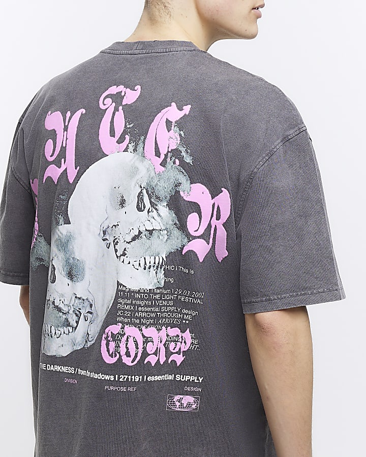 Washed grey oversized fit skull print t-shirt