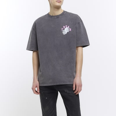 Washed grey oversized fit skull print t-shirt | River Island