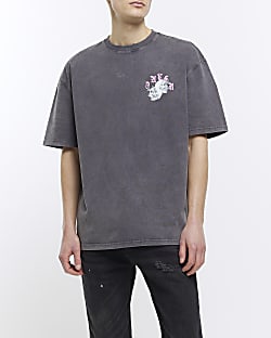 Washed grey oversized fit skull print t-shirt