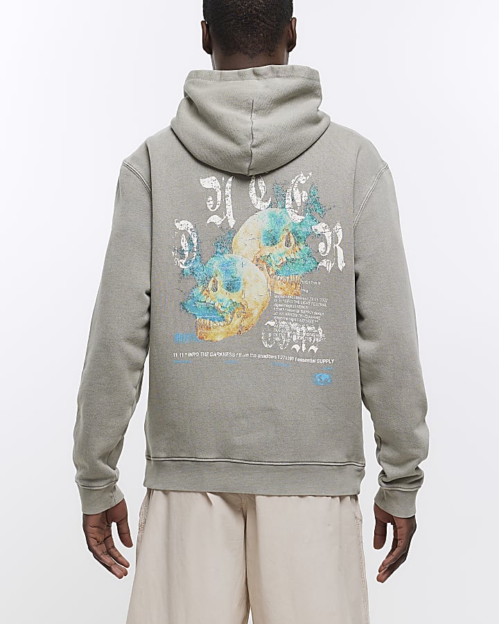 Washed grey regular fit graphic skull hoodie