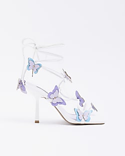 White 3D Butterfly Strappy Heeled Sandals