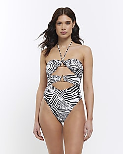 White animal bandeau cut out swimsuit