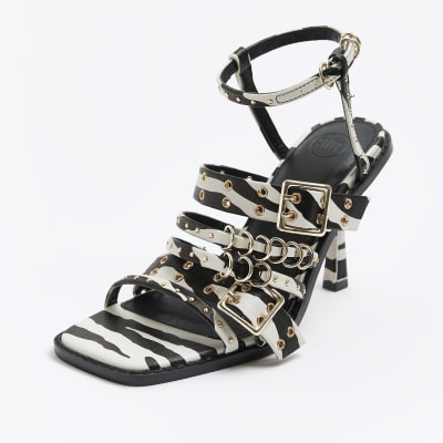 White animal print buckle heeled sandals River Island