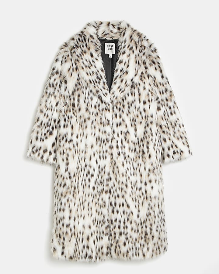 White animal print faux fur longline coat