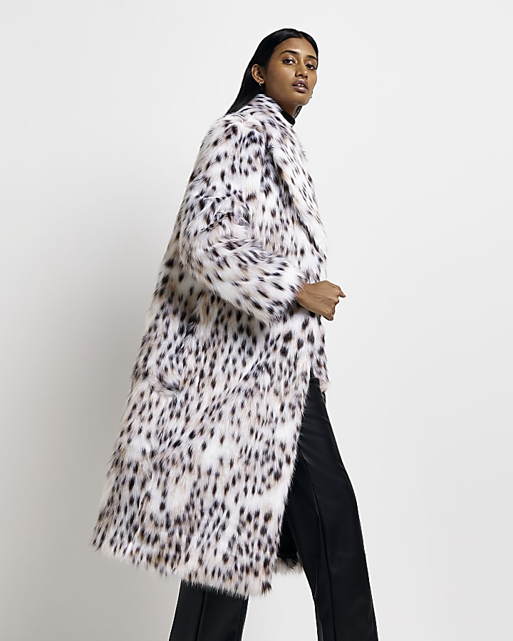 White animal print faux fur longline coat | River Island